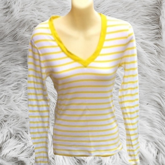 Old Navy Tops - I) Old Navy Yellow & White Stripe Long Sleeve V-Neck Shirt – Size Small
